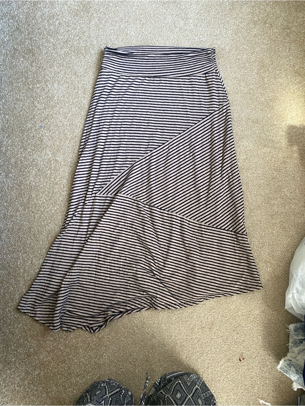 Striped Asymetrical Hem Maxi Skirt in Beige and Black | Boho Quiet Luxury
